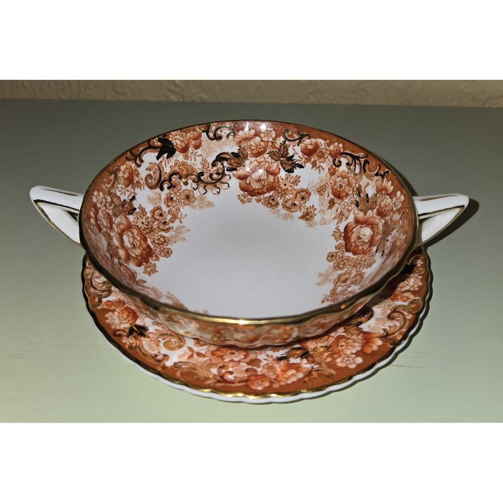 Cream Soup Bowls & Saucers Victorian Rust Floral Radford Design Fenton 1800's